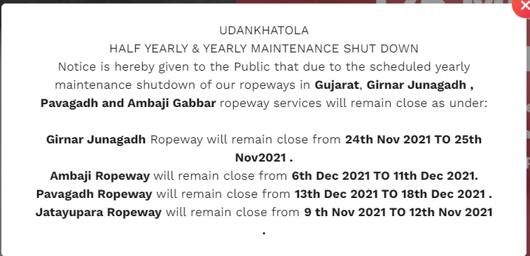 Girnar-Pavagadh-Ambaji-Jatayupara Ropeway Booking Will Remain Closed